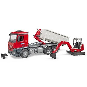 BRUDER MB Arocs Roll-Off Container & Schaeff mini excavat