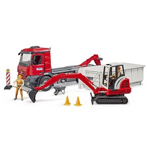 BRUDER MB Arocs Roll-Off Container & Schaeff mini excavat