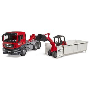 BRUDER MAN TGS truck with roll-off container and Schäffer yard loader