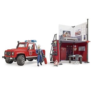 BRUDER bworld fire station with Land Rover Defender