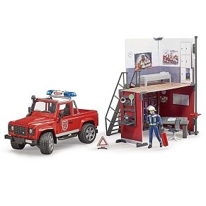 BRUDER bworld fire station with Land Rover Defender