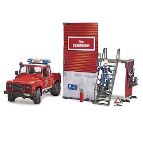 BRUDER bworld fire station with Land Rover Defender