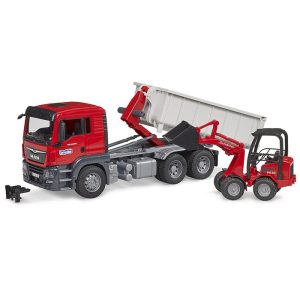 BRUDER MAN TGS truck with roll-off container and Schäffer yard loader