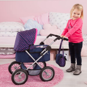 Doll Pram Trendy Blue, Pink, Hearts